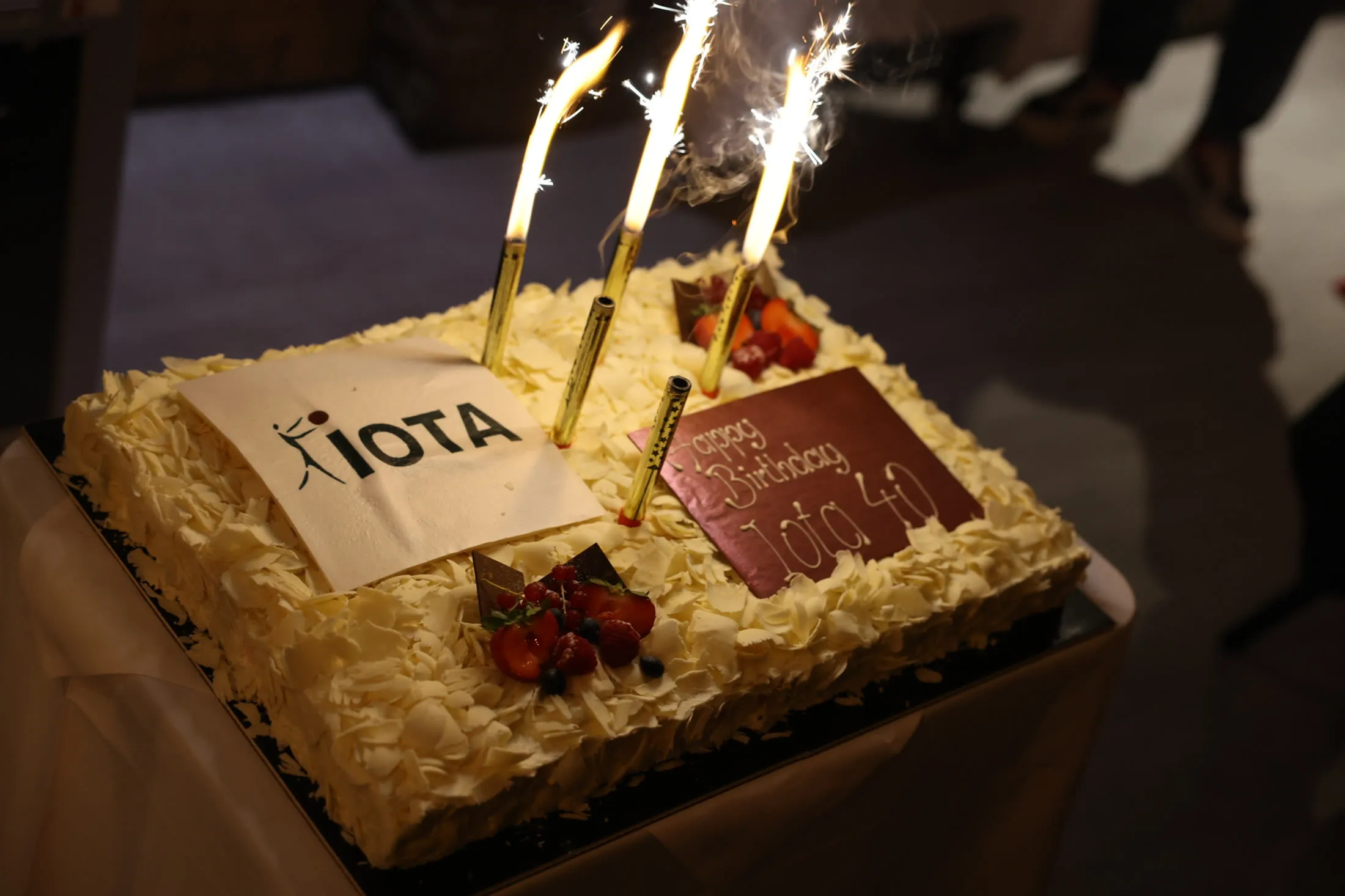 Cake decorated with the iOTA logo and sparkler candles