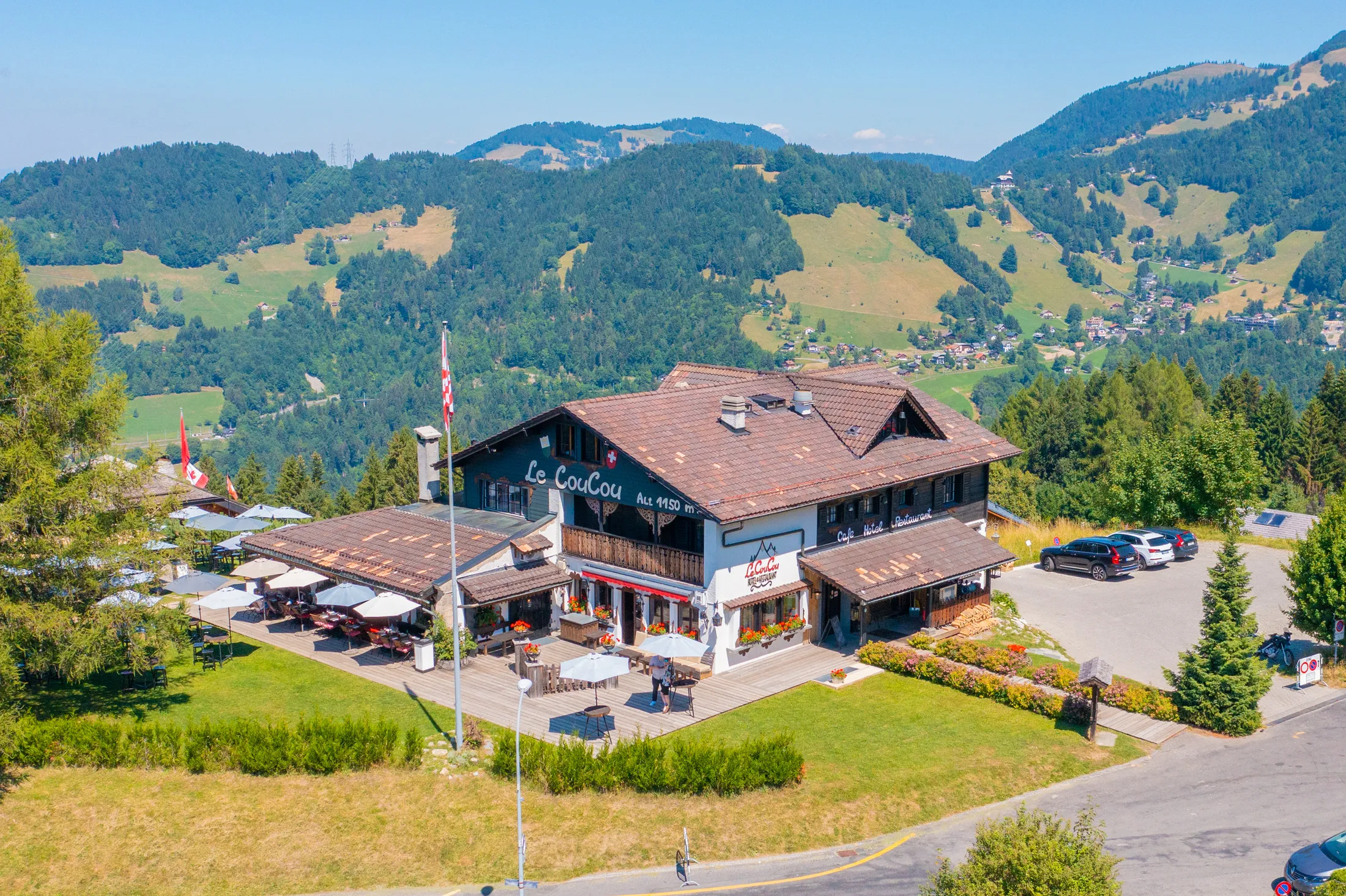 Mountain restaurant seen from a drone