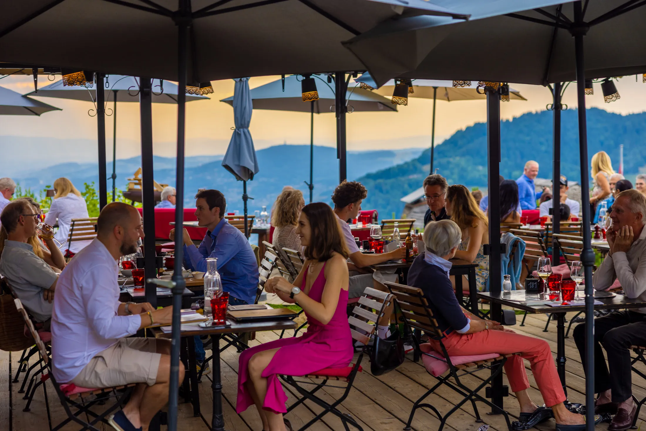 Busy lakeside terrace