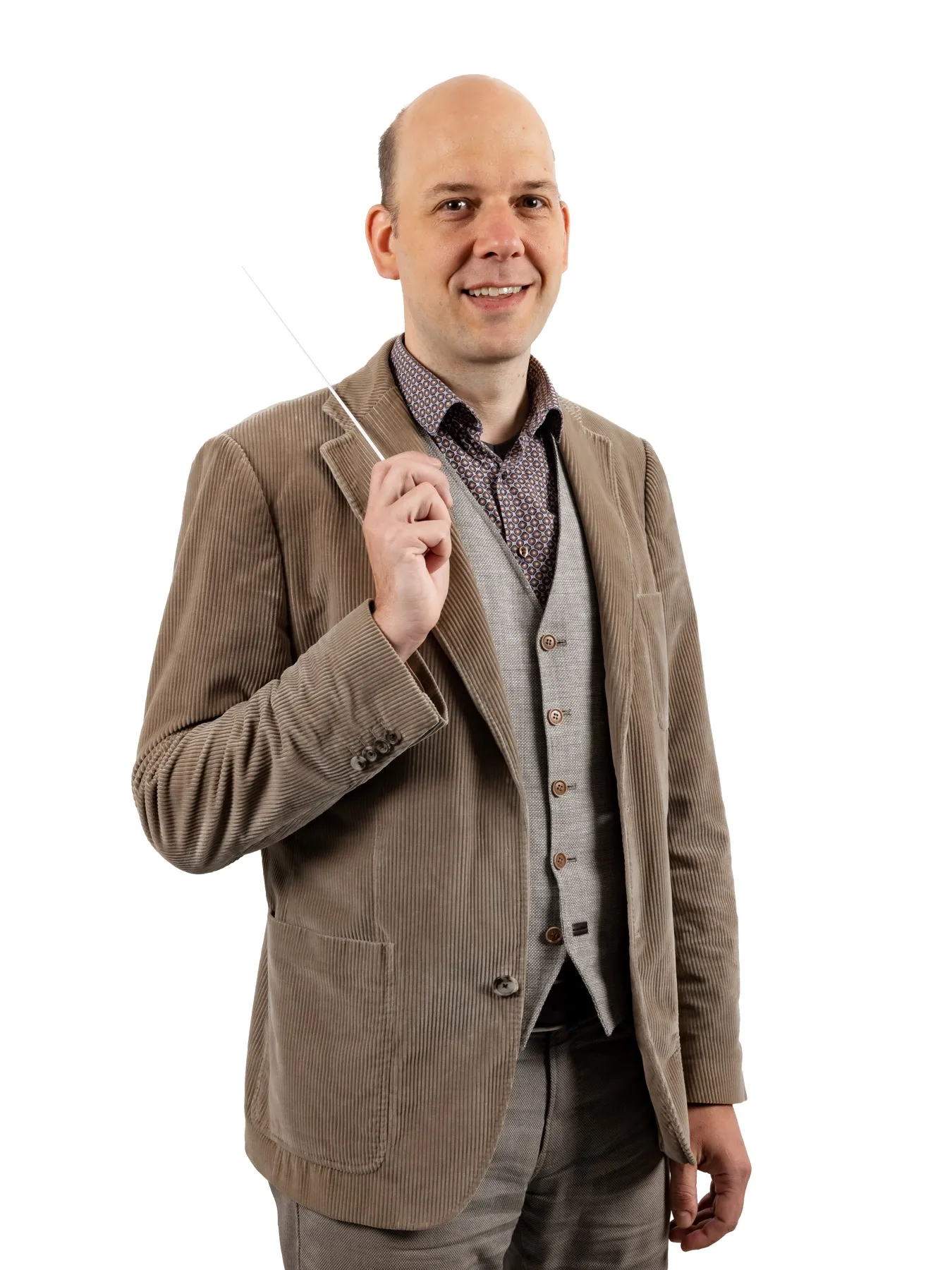 Portrait on a white background, man in a beige jacket