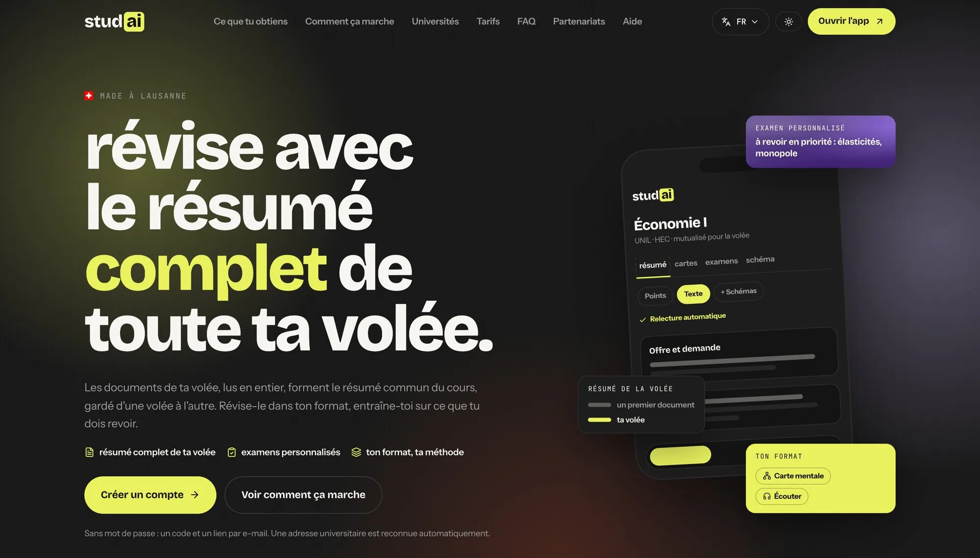 Page d'accueil de studai.ch : « révise avec le résumé complet de toute ta volée »