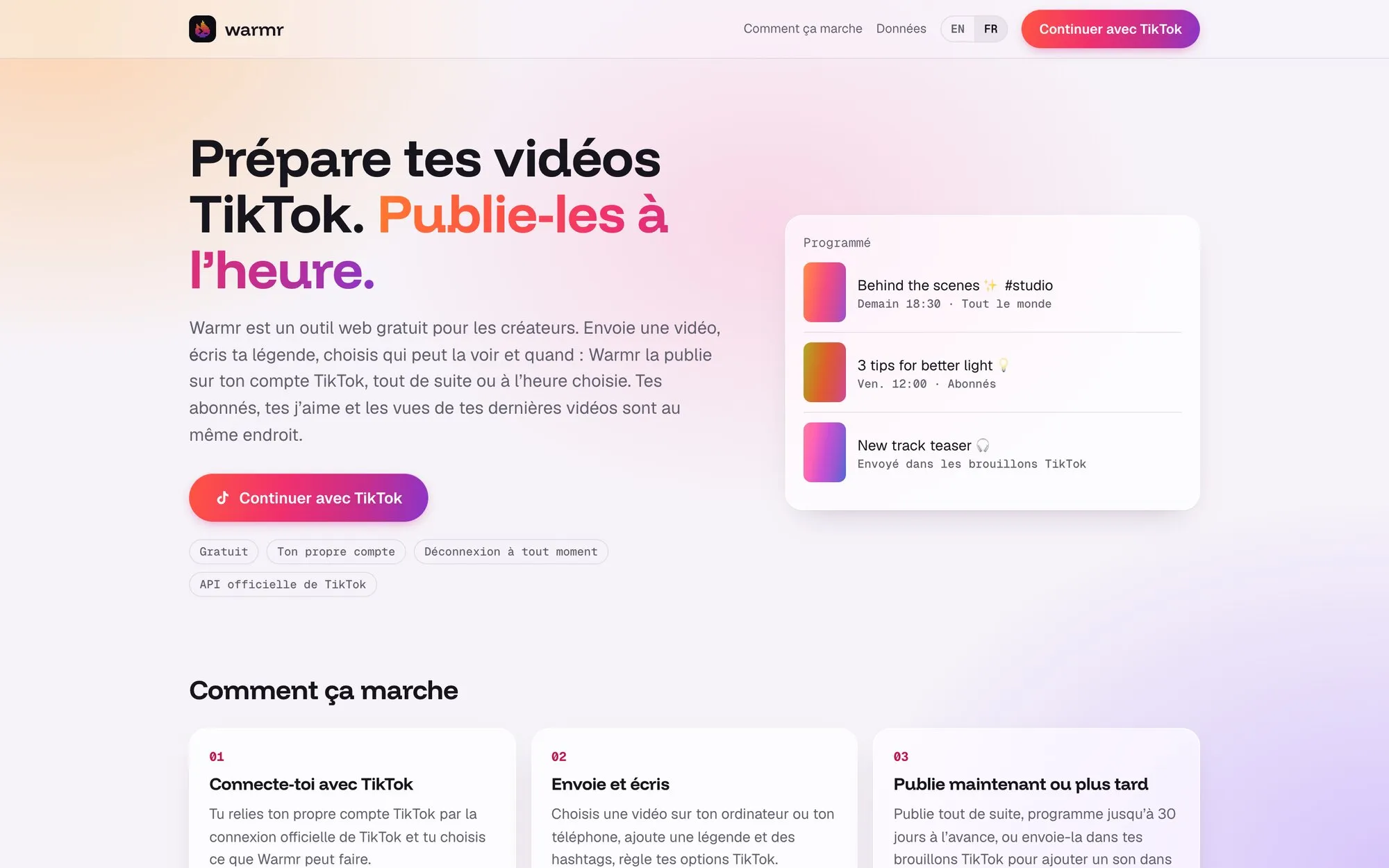 Page d'accueil de Warmr : « Prépare tes vidéos TikTok. Publie-les à l'heure. »